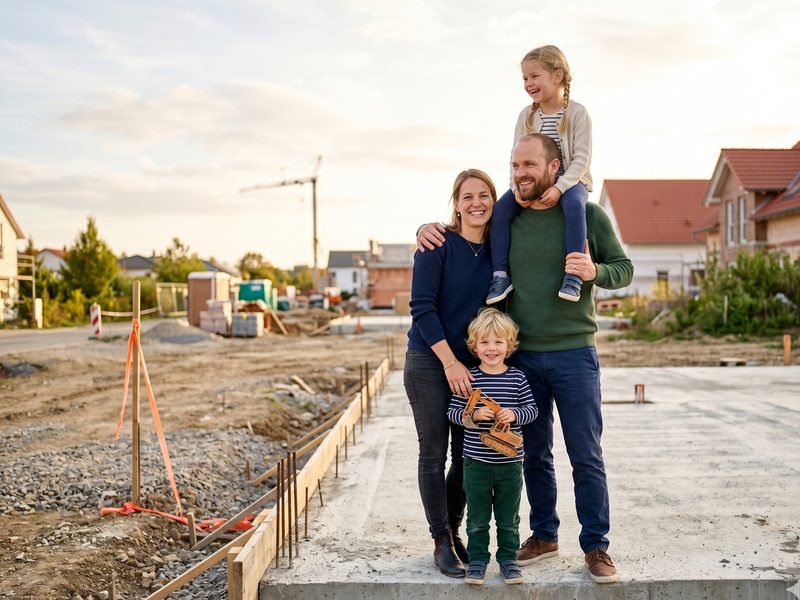 Familie auf der Bodenplatte ihres zukünftigen Hauses
