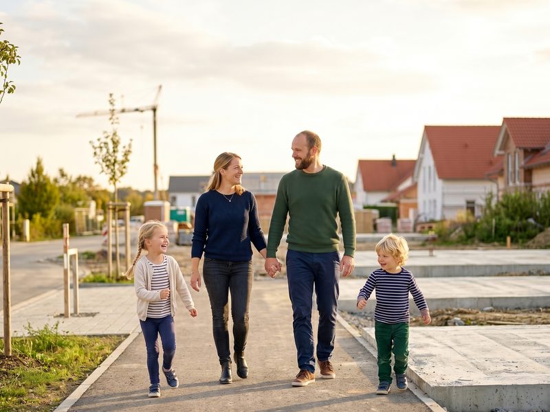Familie auf dem Weg zu ihrem neuen Zuhause
