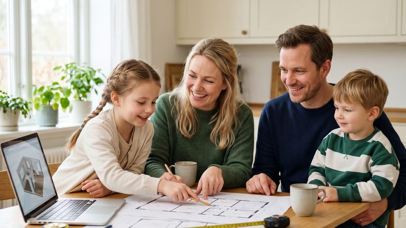 Familie plant ihr Haus am Küchentisch